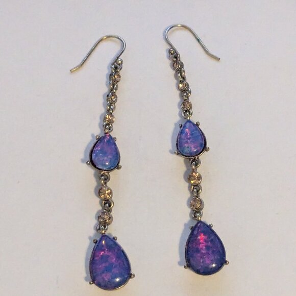 LC LIZ CLAIBORNE Faux Black Opal Rhinestone Dangle Drop Pierced Earrings - Picture 1 of 8